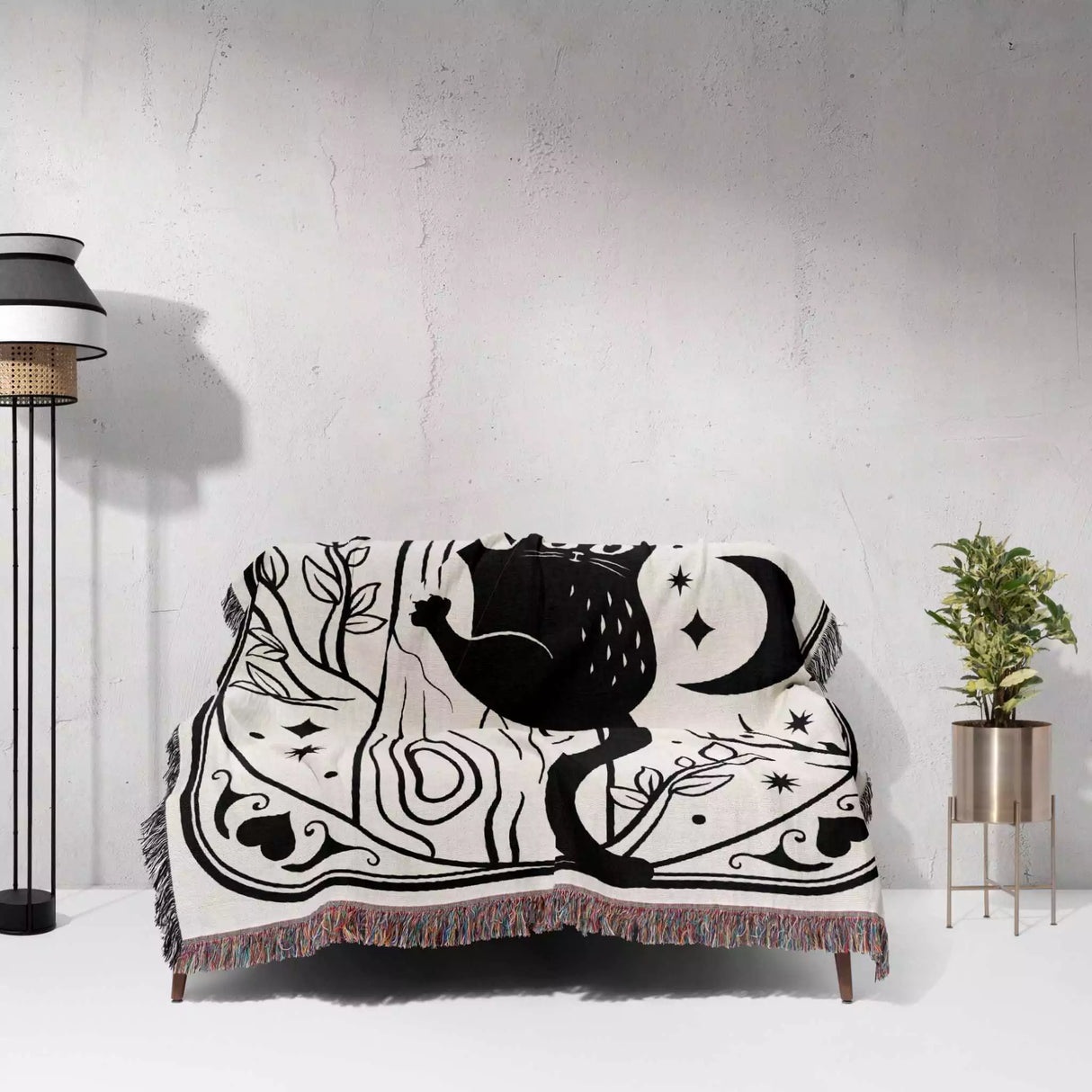 Tarot Card Black Cat The Hanged Man Black and White Woven Throw Blanket and Tapestry - DesignerOllie.com