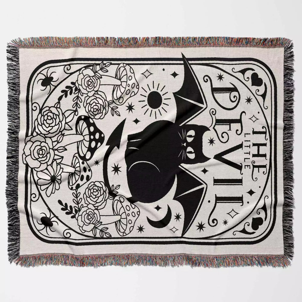 Tarot Card Black Cat The Little Devil Black and White Woven Throw Blanket and Tapestry - DesignerOllie.com