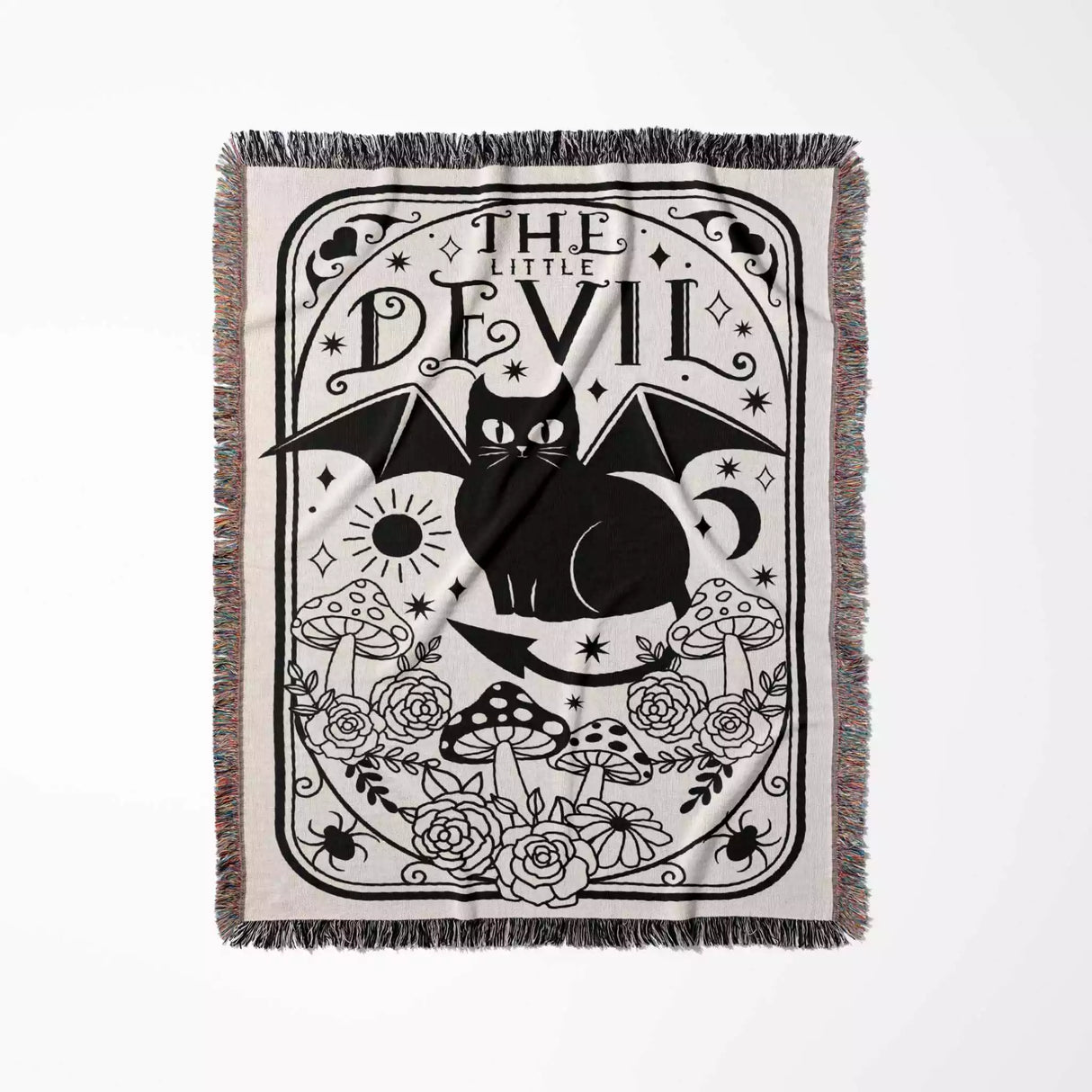 Tarot Card Black Cat The Little Devil Black and White Woven Throw Blanket and Tapestry - DesignerOllie.com