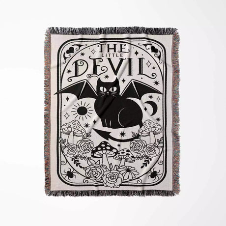 Tarot Card Black Cat The Little Devil Black and White Woven Throw Blanket and Tapestry - DesignerOllie.com