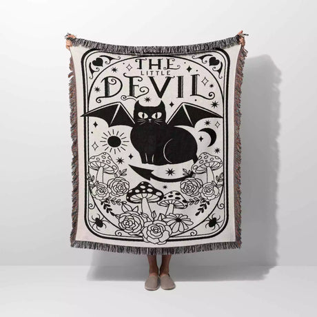 Tarot Card Black Cat The Little Devil Black and White Woven Throw Blanket and Tapestry - DesignerOllie.com