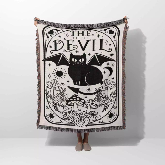 Tarot Card Black Cat The Little Devil Black and White Woven Throw Blanket and Tapestry - DesignerOllie.com