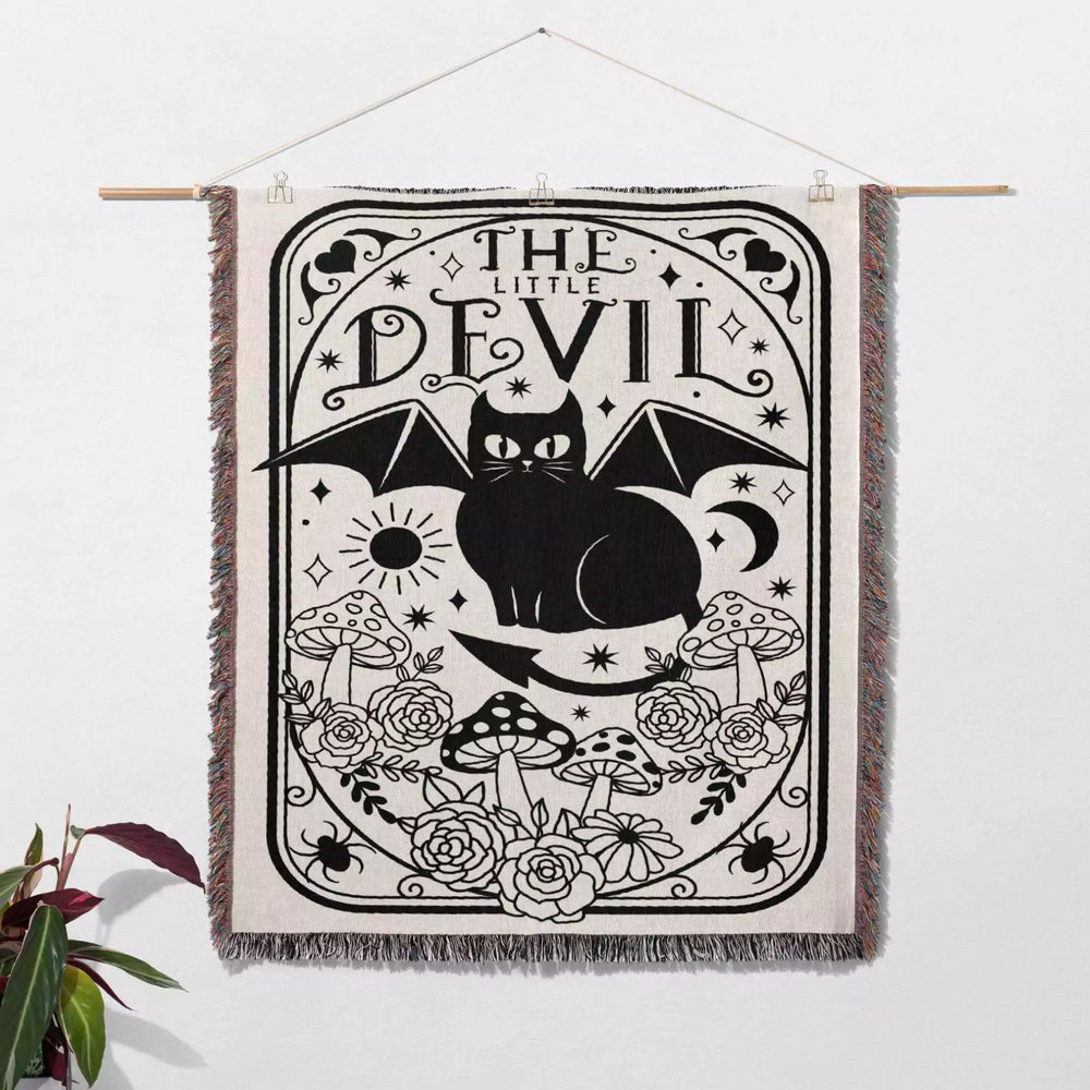 Tarot Card Black Cat The Little Devil Black and White Woven Throw Blanket and Tapestry - DesignerOllie.com