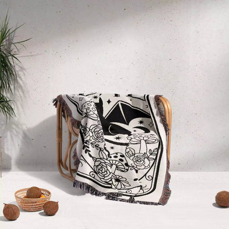 Tarot Card Black Cat The Little Devil Black and White Woven Throw Blanket and Tapestry - DesignerOllie.com