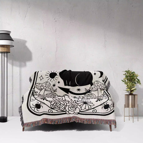 Tarot Card Black Cat The Little Devil Black and White Woven Throw Blanket and Tapestry - DesignerOllie.com