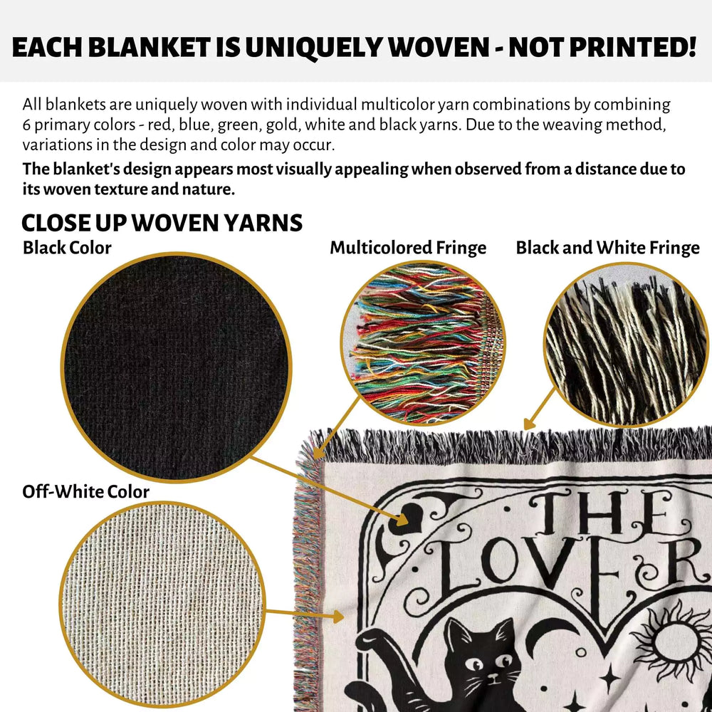 Tarot Card Black Cat The Lovers Black and White Woven Throw Blanket and Tapestry - DesignerOllie.com