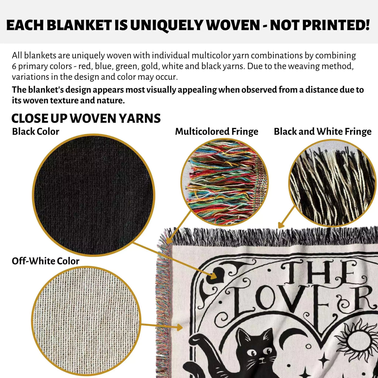 Tarot Card Black Cat The Lovers Black and White Woven Throw Blanket and Tapestry - DesignerOllie.com