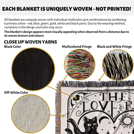 Tarot Card Black Cat The Lovers Black and White Woven Throw Blanket and Tapestry - DesignerOllie.com