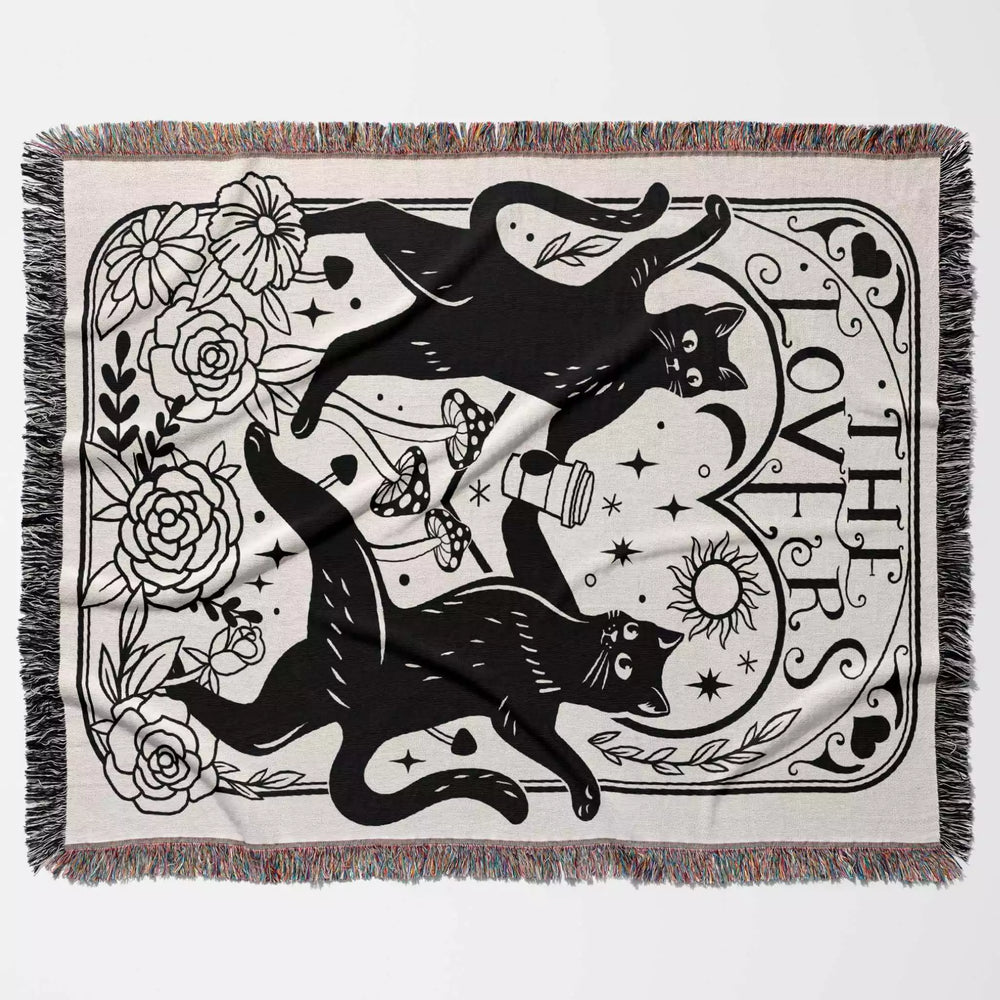 Tarot Card Black Cat The Lovers Black and White Woven Throw Blanket and Tapestry - DesignerOllie.com