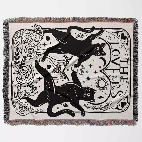 Tarot Card Black Cat The Lovers Black and White Woven Throw Blanket and Tapestry - DesignerOllie.com