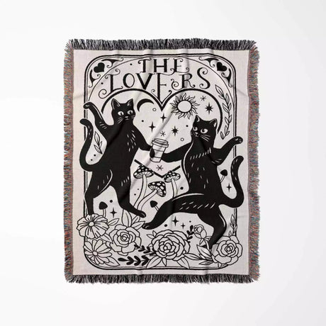 Tarot Card Black Cat The Lovers Black and White Woven Throw Blanket and Tapestry - DesignerOllie.com