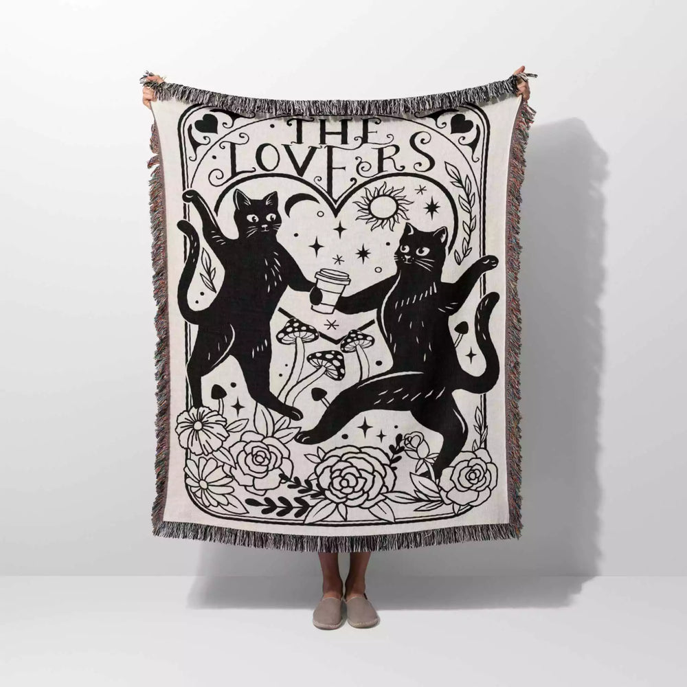 Tarot Card Black Cat The Lovers Black and White Woven Throw Blanket and Tapestry - DesignerOllie.com