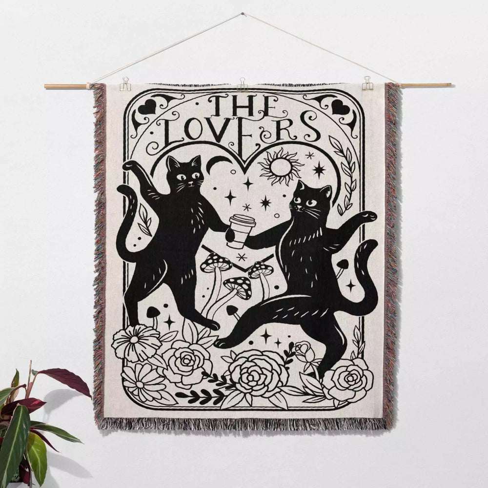 Tarot Card Black Cat The Lovers Black and White Woven Throw Blanket and Tapestry - DesignerOllie.com