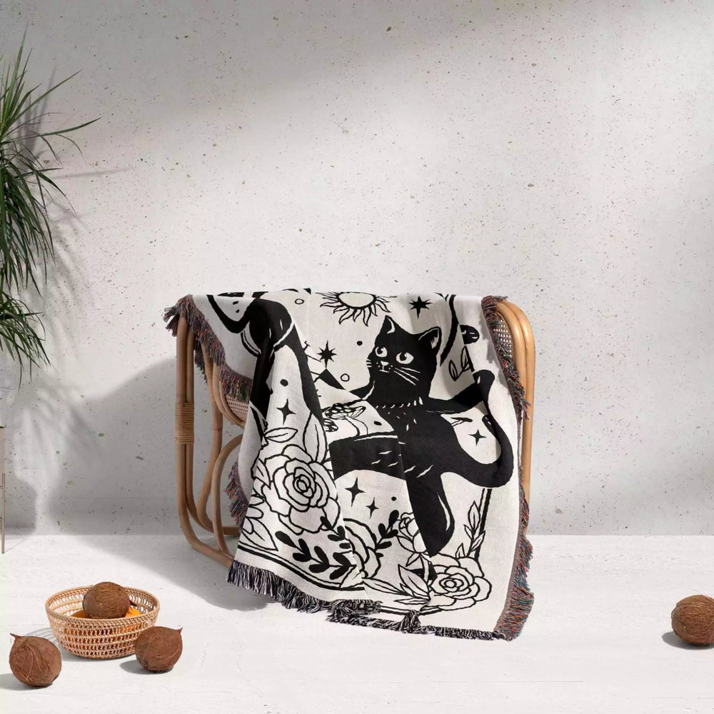 Tarot Card Black Cat The Lovers Black and White Woven Throw Blanket and Tapestry - DesignerOllie.com