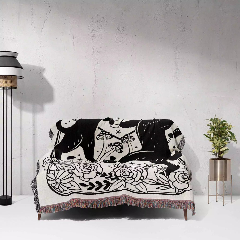 Tarot Card Black Cat The Lovers Black and White Woven Throw Blanket and Tapestry - DesignerOllie.com