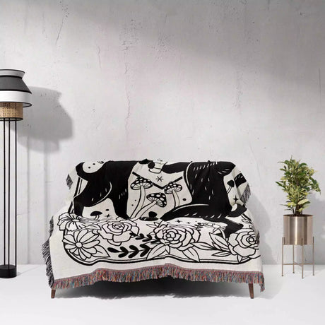 Tarot Card Black Cat The Lovers Black and White Woven Throw Blanket and Tapestry - DesignerOllie.com