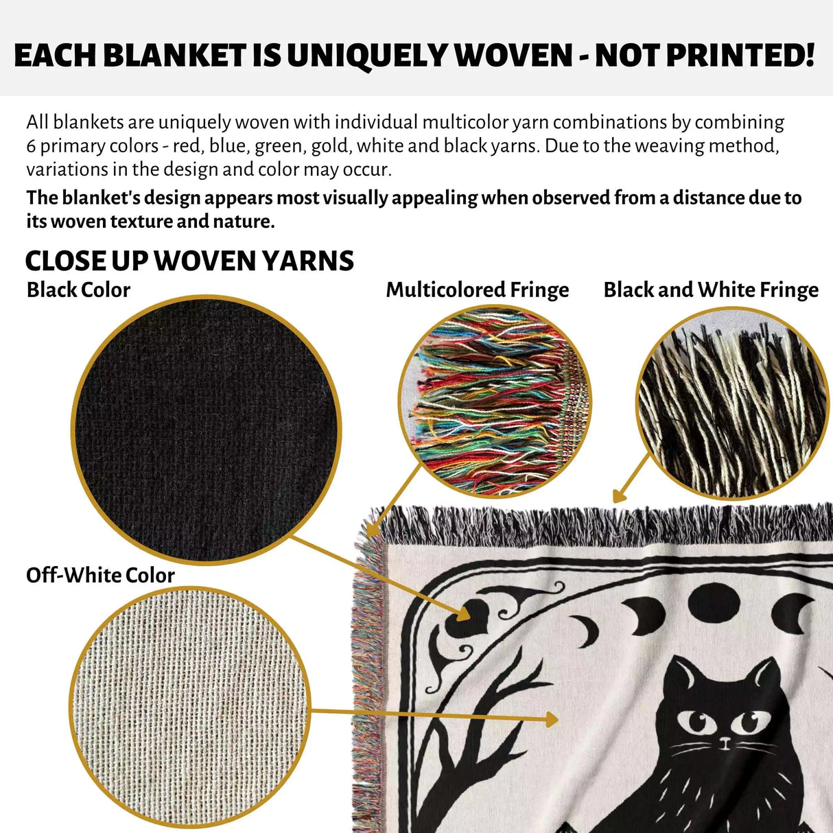 Tarot Card Black Cat The Moon Black and White Woven Throw Blanket and Tapestry - DesignerOllie.com