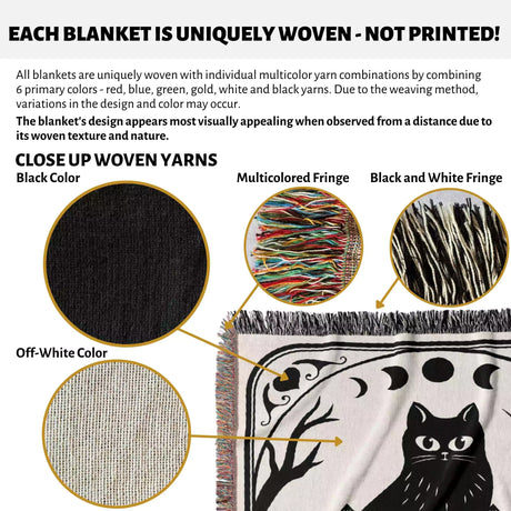 Tarot Card Black Cat The Moon Black and White Woven Throw Blanket and Tapestry - DesignerOllie.com