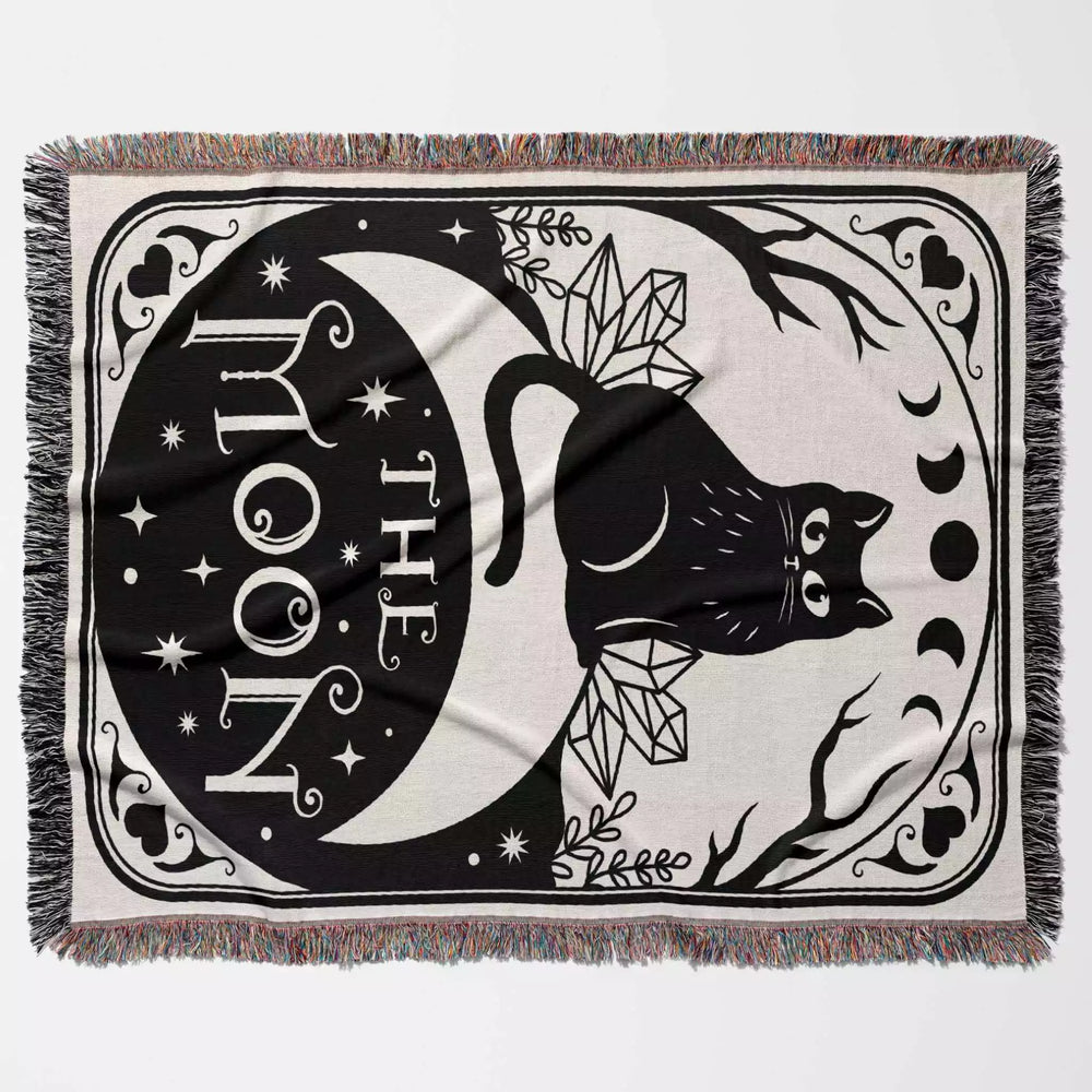 Tarot Card Black Cat The Moon Black and White Woven Throw Blanket and Tapestry - DesignerOllie.com