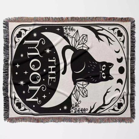 Tarot Card Black Cat The Moon Black and White Woven Throw Blanket and Tapestry - DesignerOllie.com