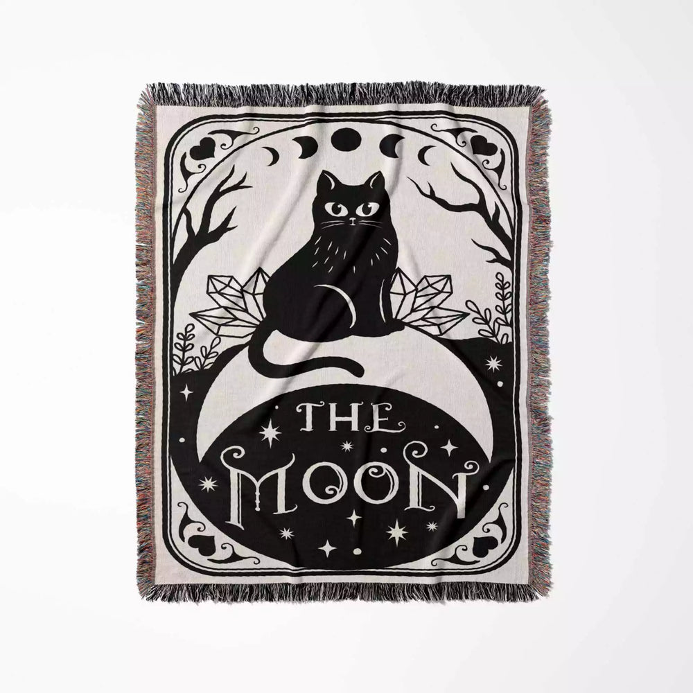 Tarot Card Black Cat The Moon Black and White Woven Throw Blanket and Tapestry - DesignerOllie.com