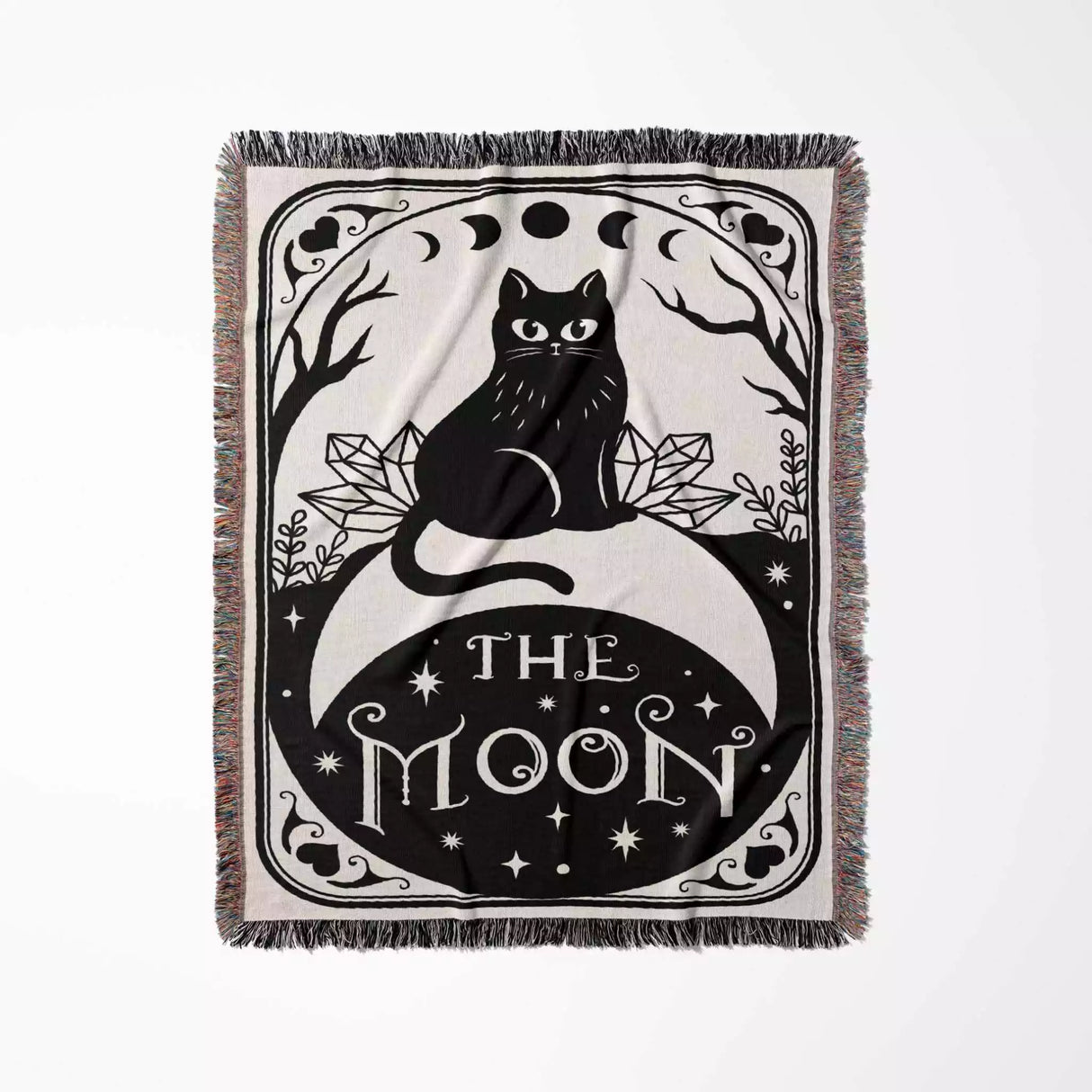 Tarot Card Black Cat The Moon Black and White Woven Throw Blanket and Tapestry - DesignerOllie.com
