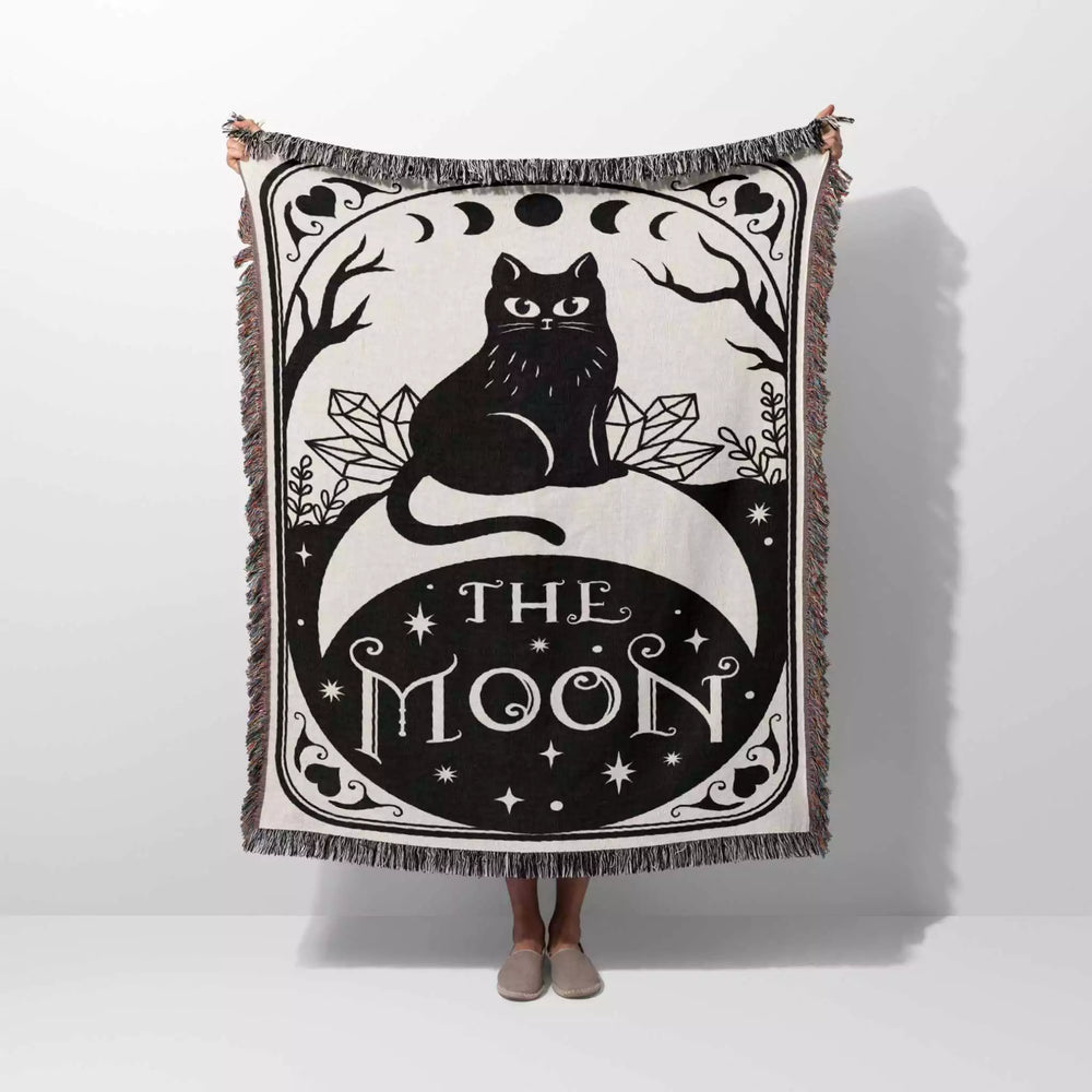 Tarot Card Black Cat The Moon Black and White Woven Throw Blanket and Tapestry - DesignerOllie.com