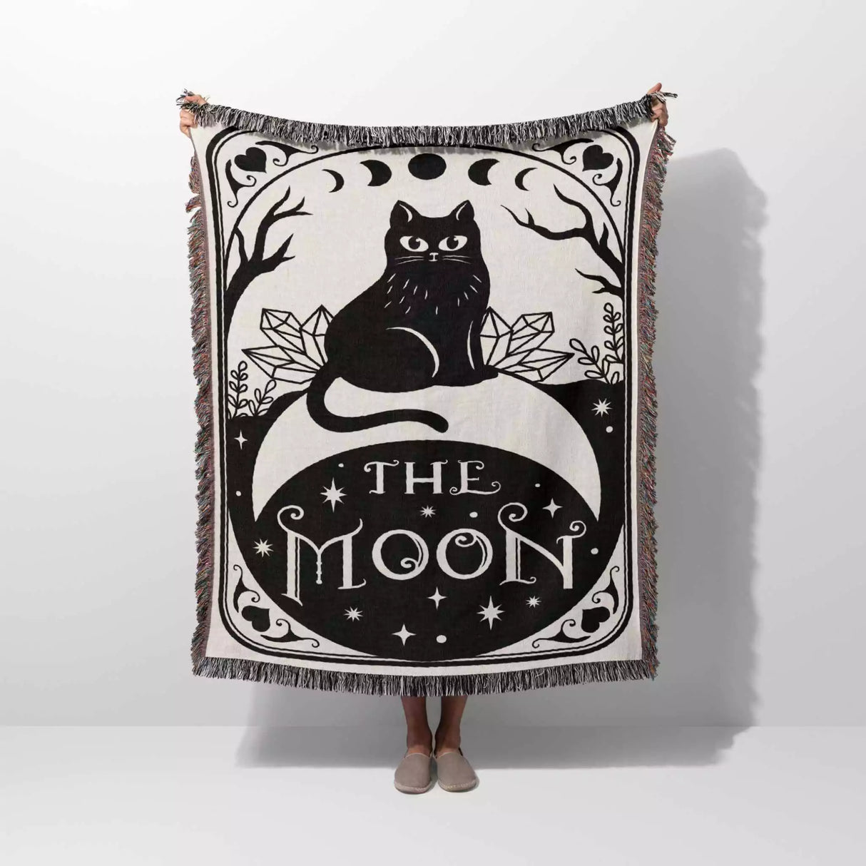 Tarot Card Black Cat The Moon Black and White Woven Throw Blanket and Tapestry - DesignerOllie.com