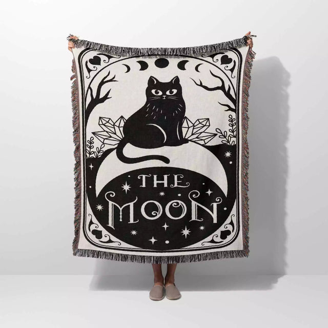 Tarot Card Black Cat The Moon Black and White Woven Throw Blanket and Tapestry - DesignerOllie.com