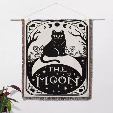 Tarot Card Black Cat The Moon Black and White Woven Throw Blanket and Tapestry - DesignerOllie.com