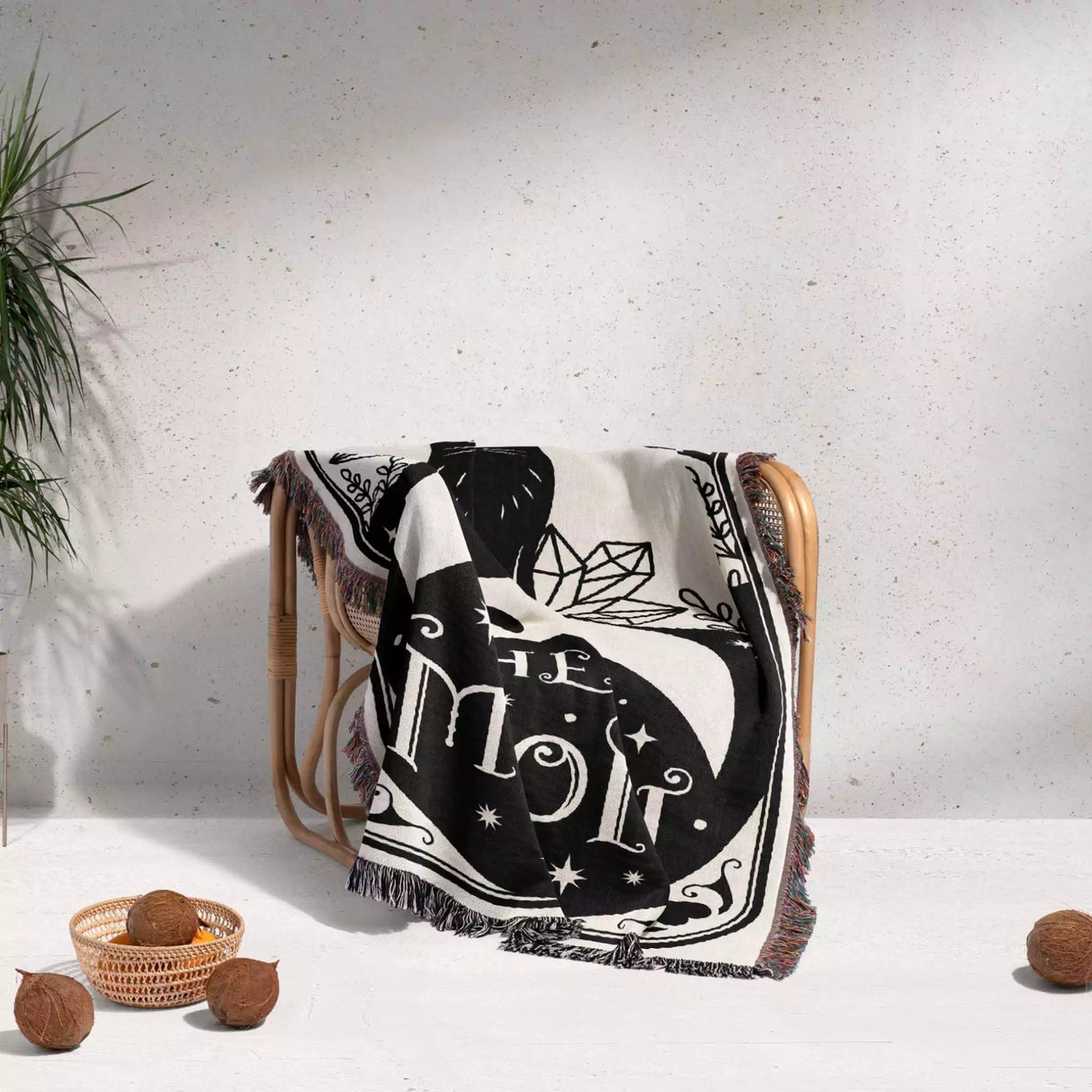 Tarot Card Black Cat The Moon Black and White Woven Throw Blanket and Tapestry - DesignerOllie.com
