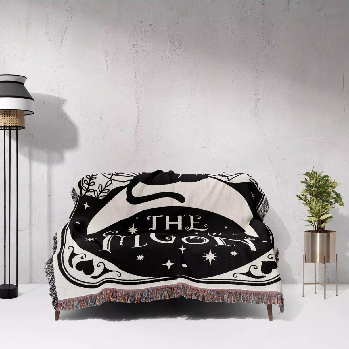 Tarot Card Black Cat The Moon Black and White Woven Throw Blanket and Tapestry - DesignerOllie.com