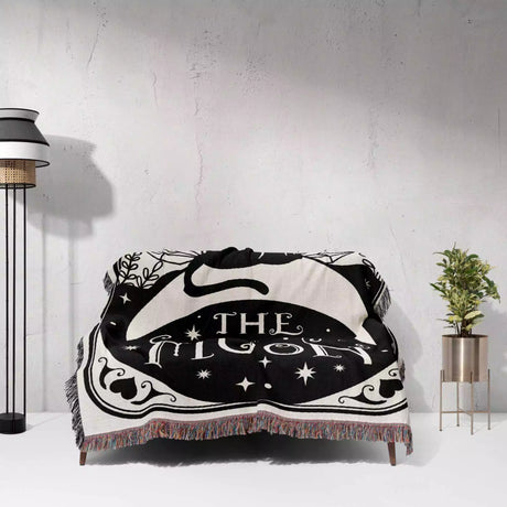Tarot Card Black Cat The Moon Black and White Woven Throw Blanket and Tapestry - DesignerOllie.com