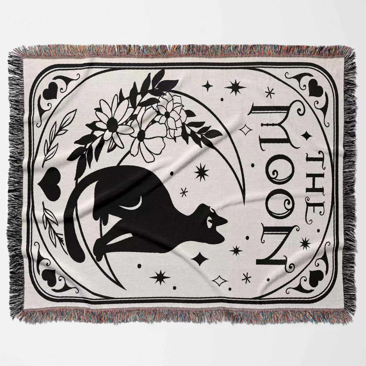Tarot Card Black Cat The Moon Monochrome Woven Throw Blanket and Tapestry - DesignerOllie.com