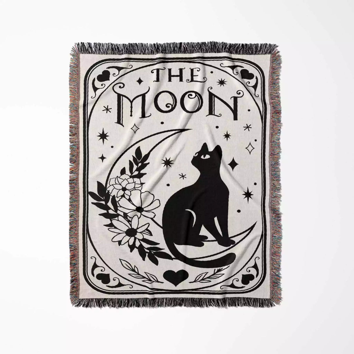 Tarot Card Black Cat The Moon Monochrome Woven Throw Blanket and Tapestry - DesignerOllie.com