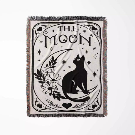 Tarot Card Black Cat The Moon Monochrome Woven Throw Blanket and Tapestry - DesignerOllie.com