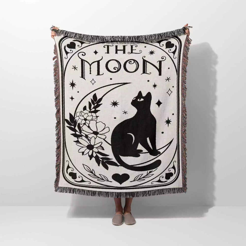 Tarot Card Black Cat The Moon Monochrome Woven Throw Blanket and Tapestry - DesignerOllie.com