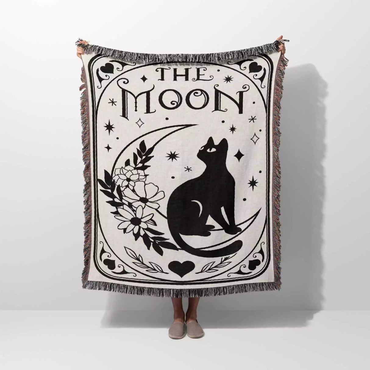 Tarot Card Black Cat The Moon Monochrome Woven Throw Blanket and Tapestry - DesignerOllie.com
