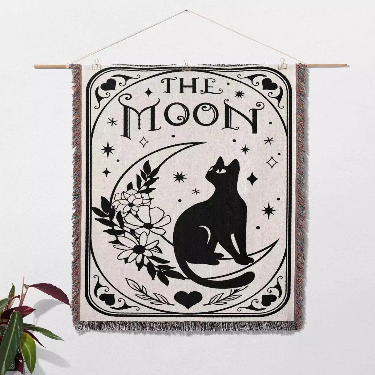 Tarot Card Black Cat The Moon Monochrome Woven Throw Blanket and Tapestry - DesignerOllie.com