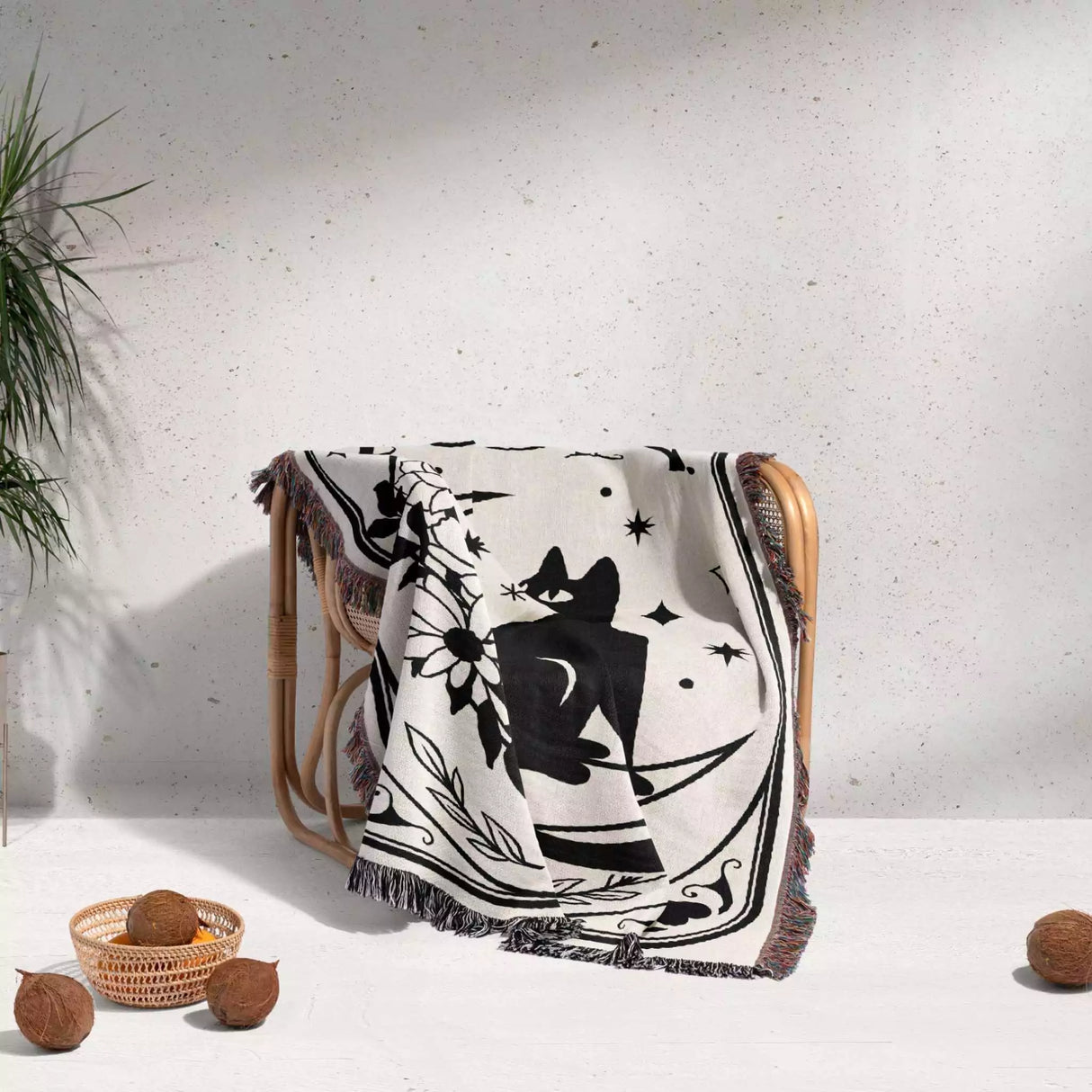 Tarot Card Black Cat The Moon Monochrome Woven Throw Blanket and Tapestry - DesignerOllie.com