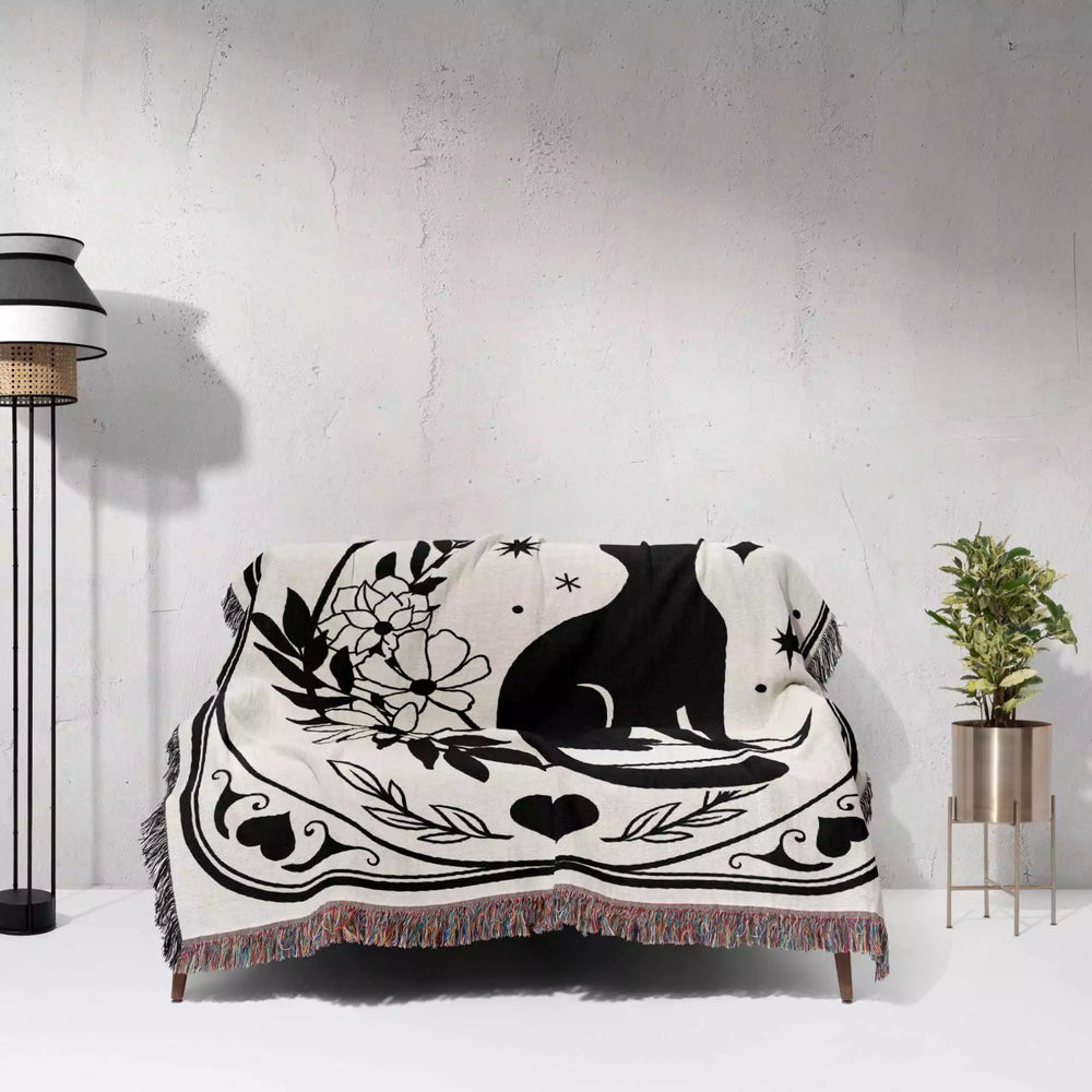 Tarot Card Black Cat The Moon Monochrome Woven Throw Blanket and Tapestry - DesignerOllie.com