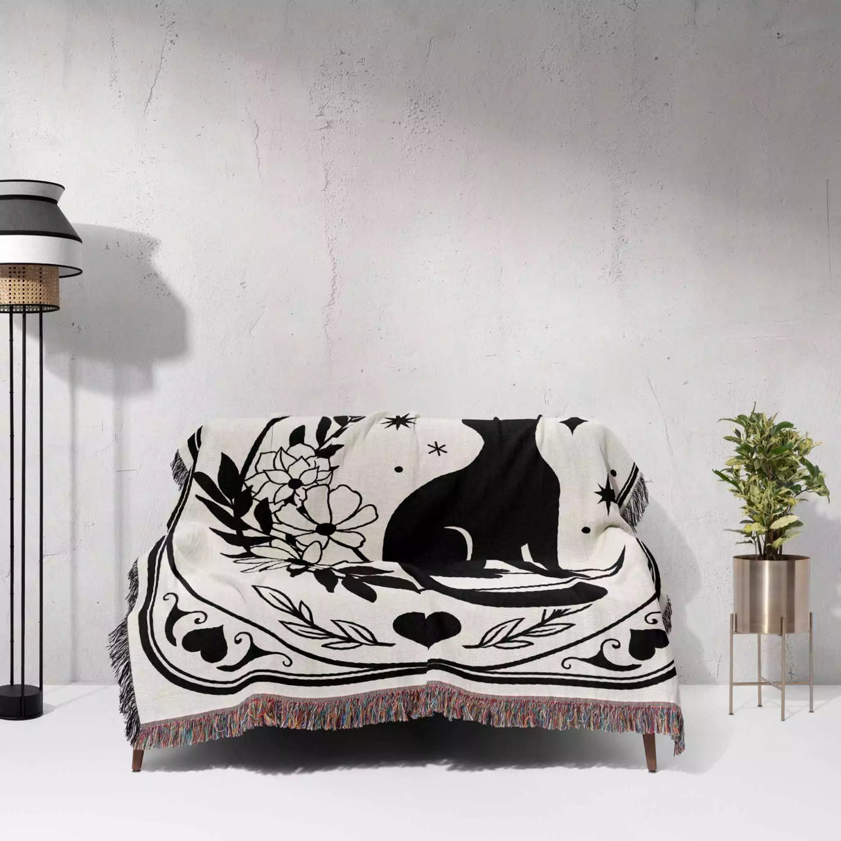Tarot Card Black Cat The Moon Monochrome Woven Throw Blanket and Tapestry - DesignerOllie.com