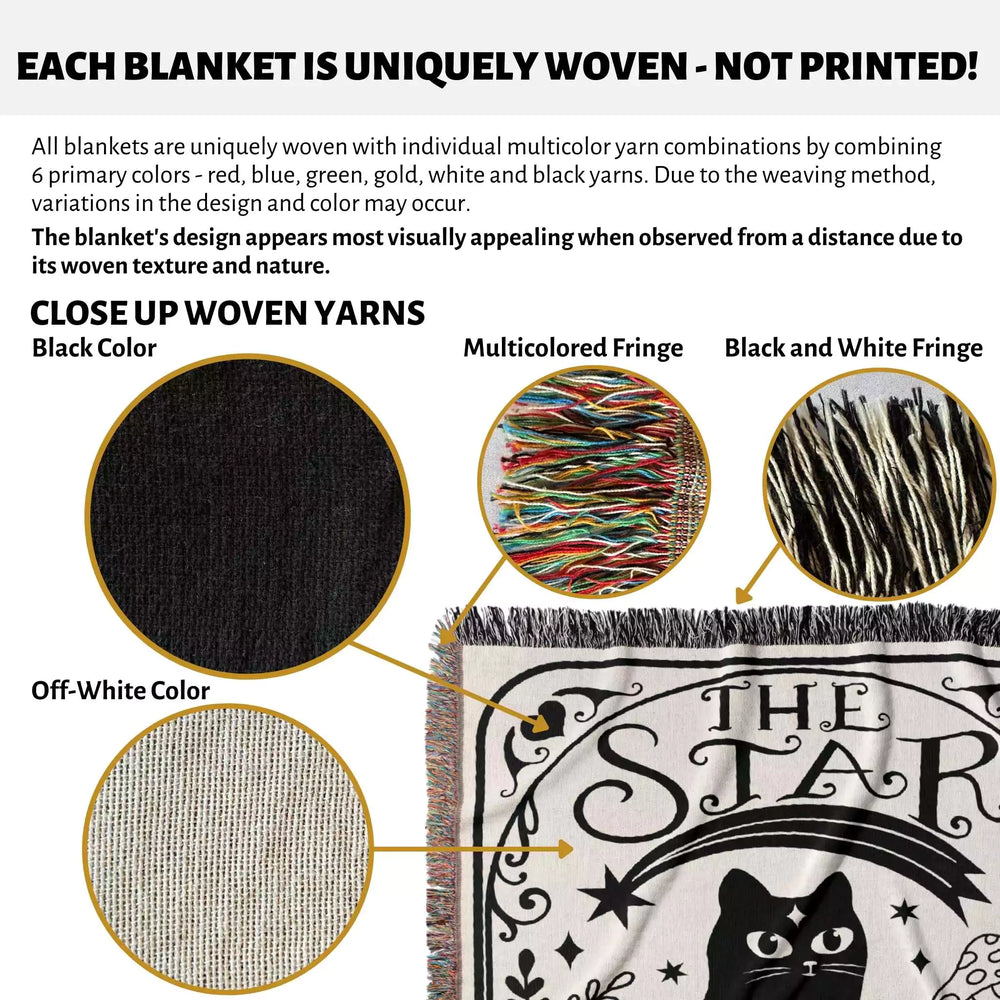 Tarot Card Black Cat The Star Black and White Woven Throw Blanket and Tapestry - DesignerOllie.com