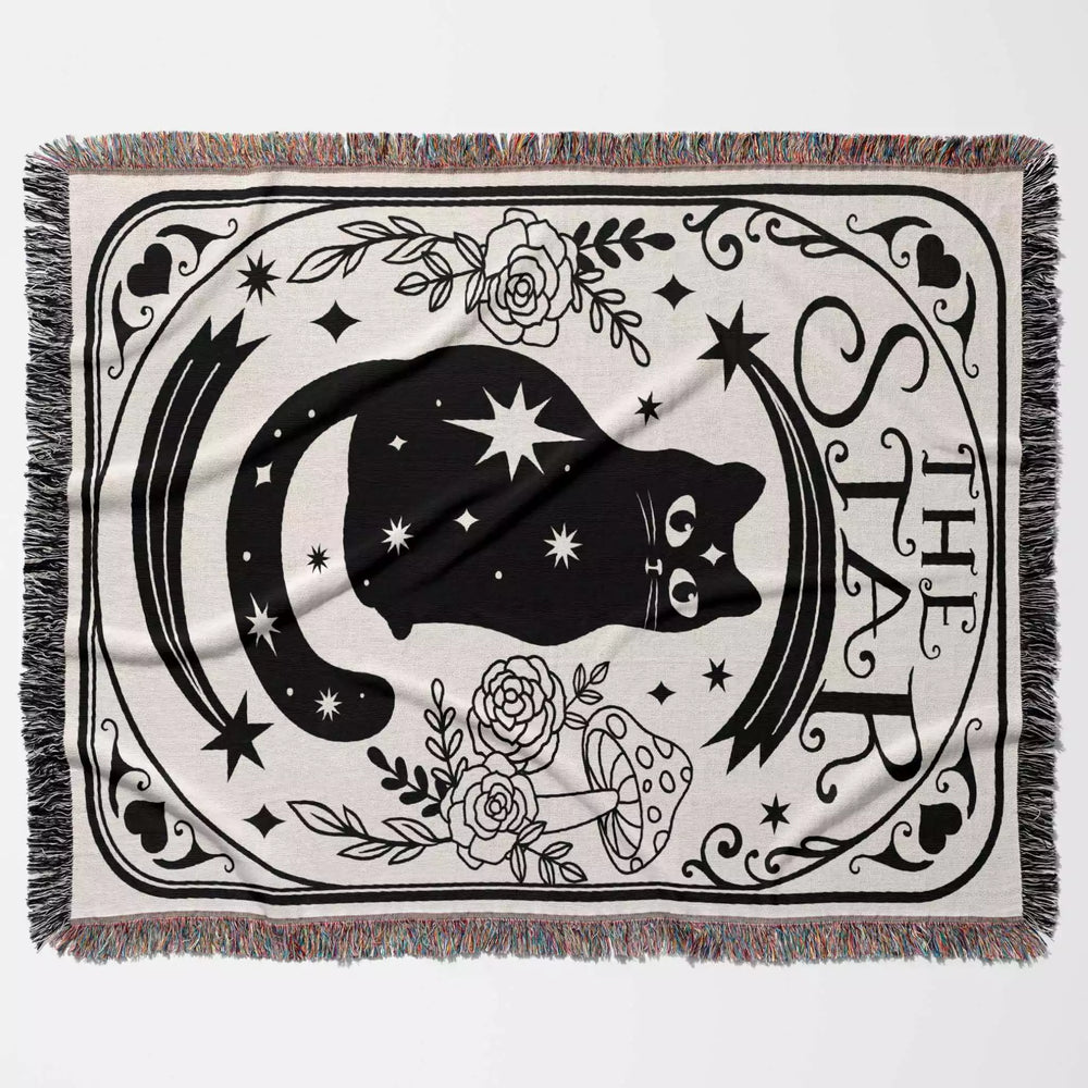 Tarot Card Black Cat The Star Black and White Woven Throw Blanket and Tapestry - DesignerOllie.com