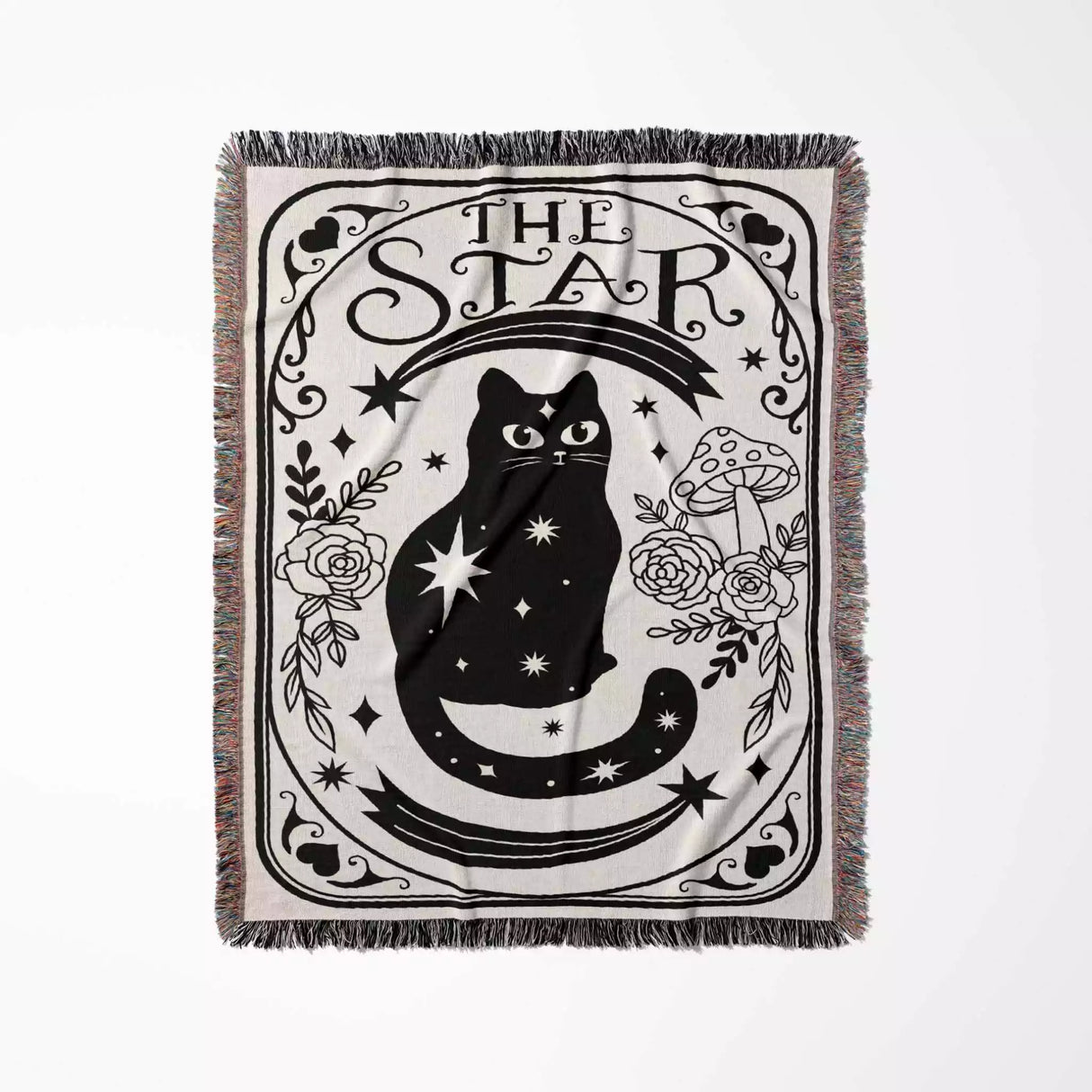 Tarot Card Black Cat The Star Black and White Woven Throw Blanket and Tapestry - DesignerOllie.com