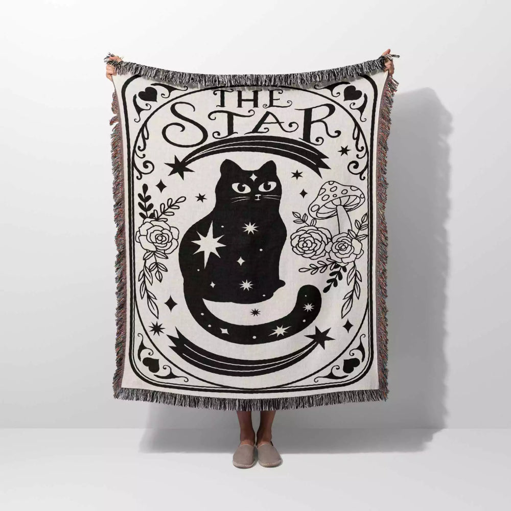 Tarot Card Black Cat The Star Black and White Woven Throw Blanket and Tapestry - DesignerOllie.com
