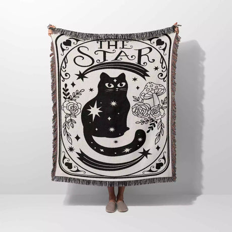 Tarot Card Black Cat The Star Black and White Woven Throw Blanket and Tapestry - DesignerOllie.com