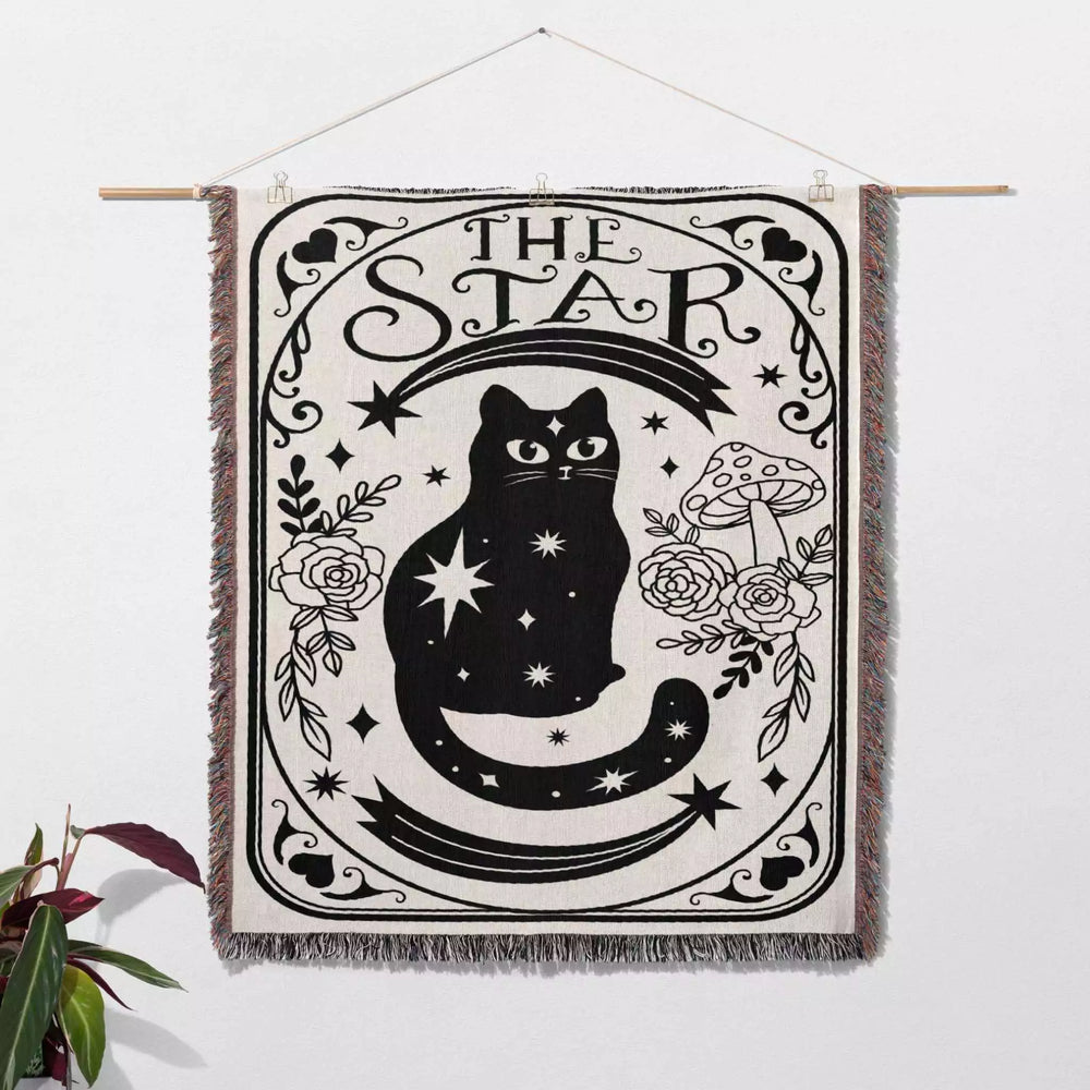 Tarot Card Black Cat The Star Black and White Woven Throw Blanket and Tapestry - DesignerOllie.com