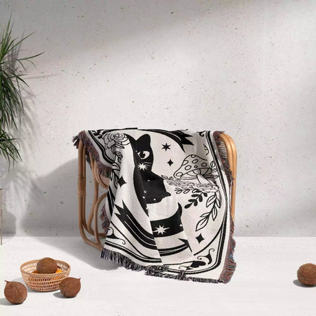 Tarot Card Black Cat The Star Black and White Woven Throw Blanket and Tapestry - DesignerOllie.com