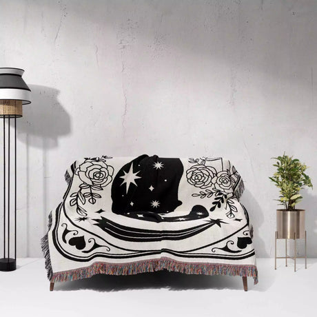Tarot Card Black Cat The Star Black and White Woven Throw Blanket and Tapestry - DesignerOllie.com
